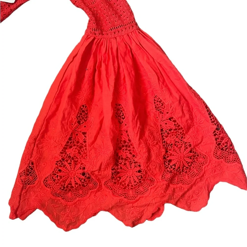Free People Once Upon A Time Lace Crochet Bell Sleeve Red Blouse Sz XS
